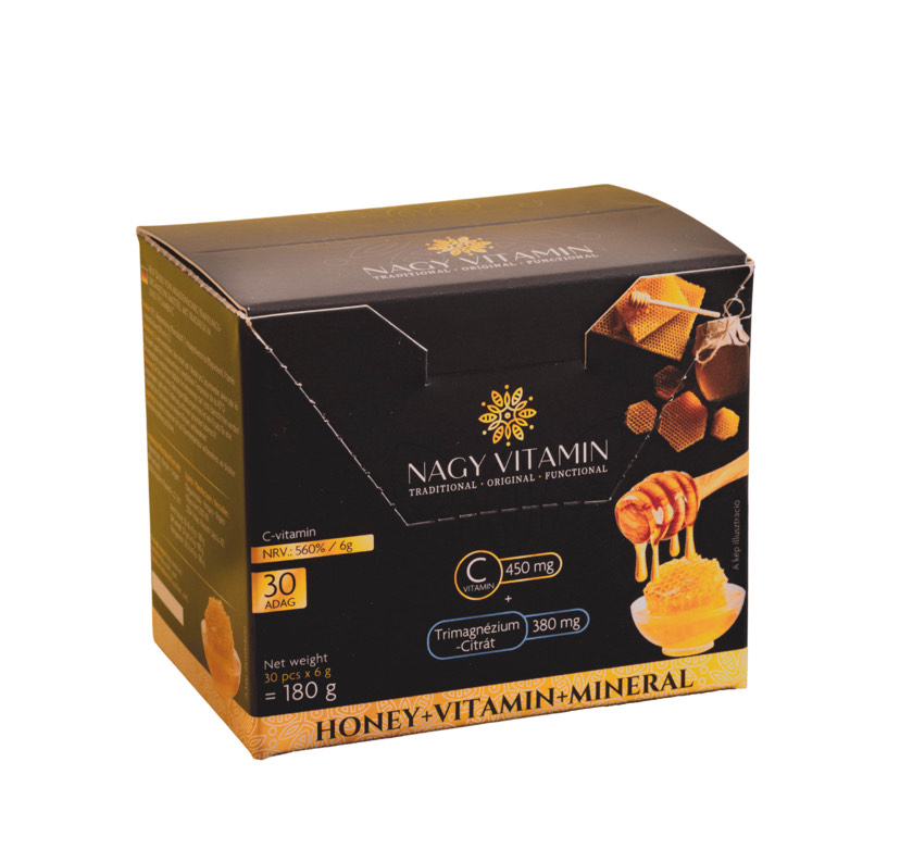 Nagy Vitamin C-vitamin Trimagnézium-citrát akácméz alapú étrend-kiegészítő, hozzáadott magnéziummal és C-vitaminnal